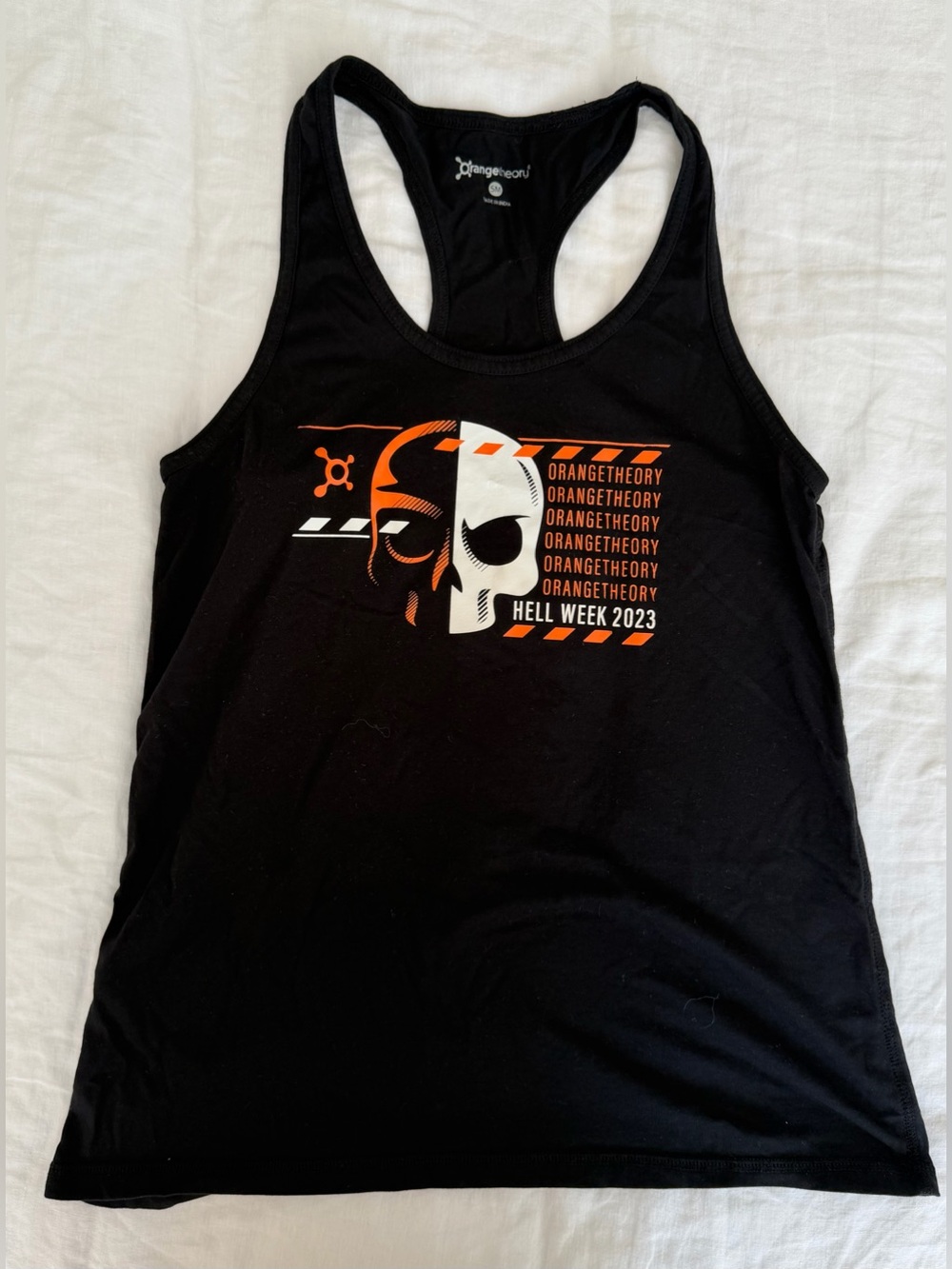 Orangetheory Black Tank with Orange and White Hell Week Skull Graphic